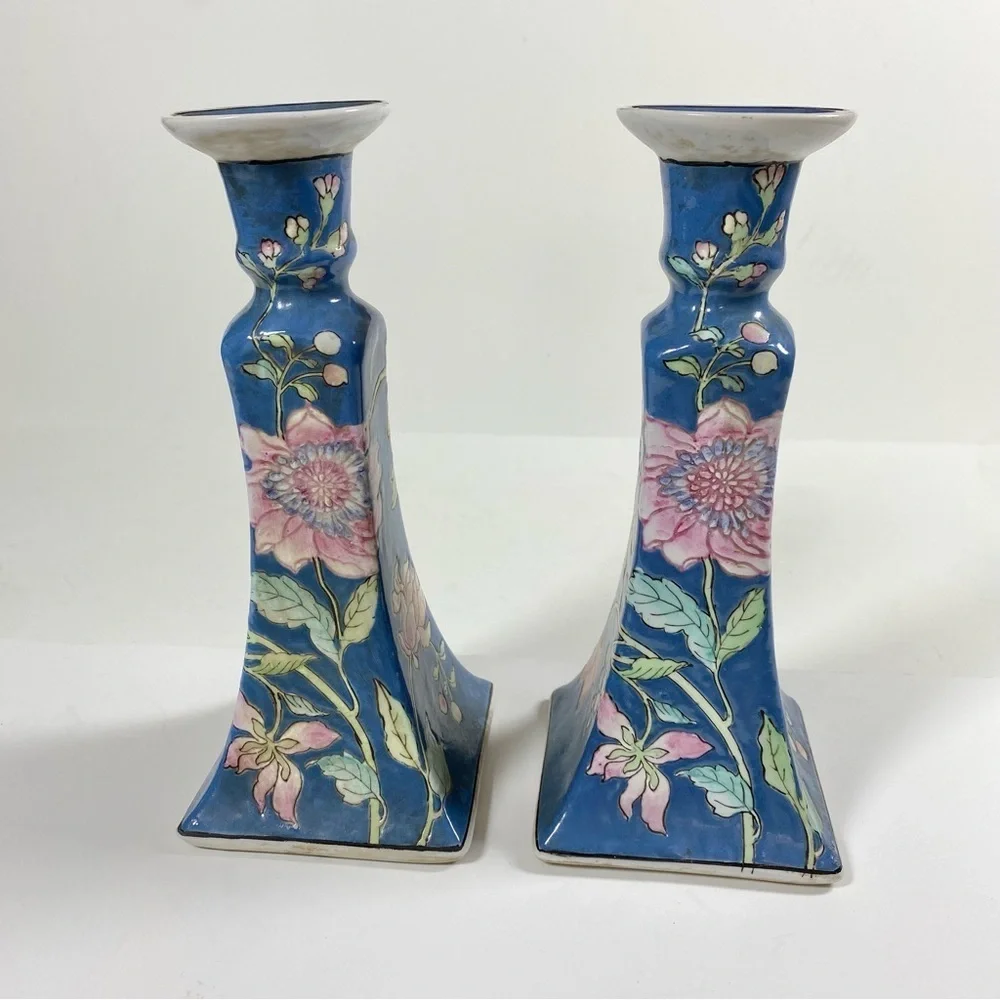 Vintage Chinoiserie Blue and White Floral Japan Ceramic Candlesticks Set of 2